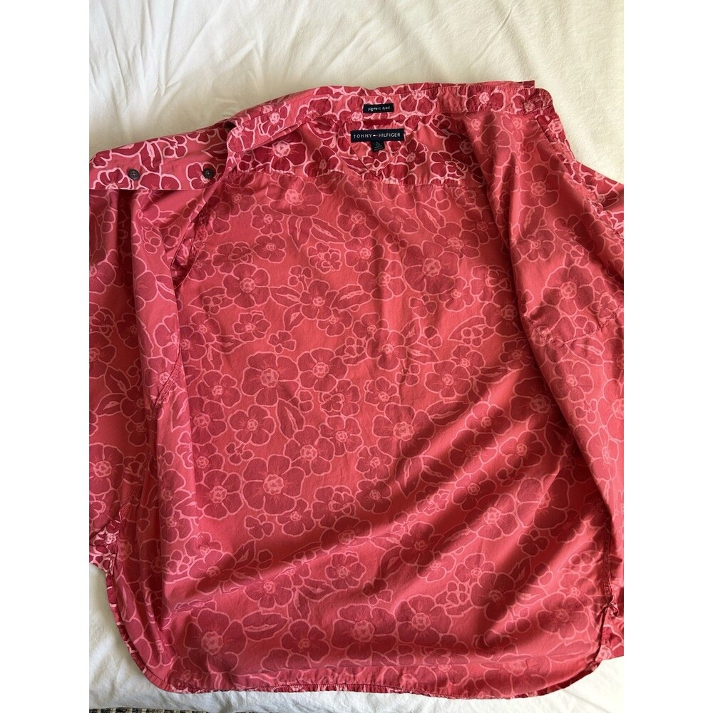Floral Batik Red Pink Tommy Hilfiger Short Sleeve Button-Up Shirt Mens L - Picture 9 of 10